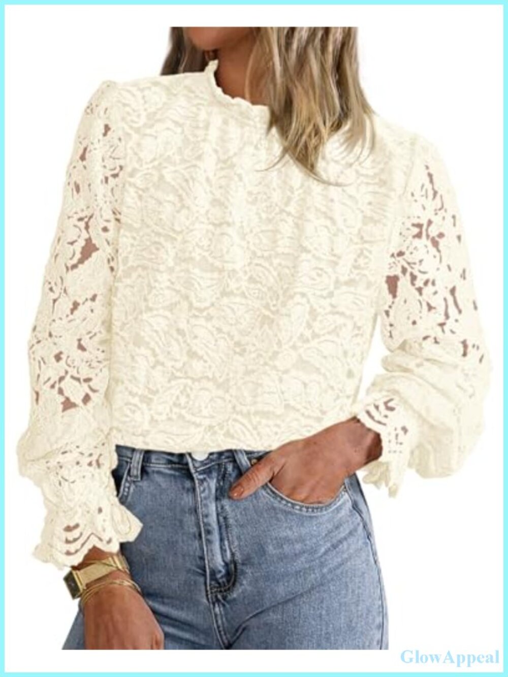 Lace Ruffle Blouse Mock Neck Puff Sleeve Women's Dressy Casual
